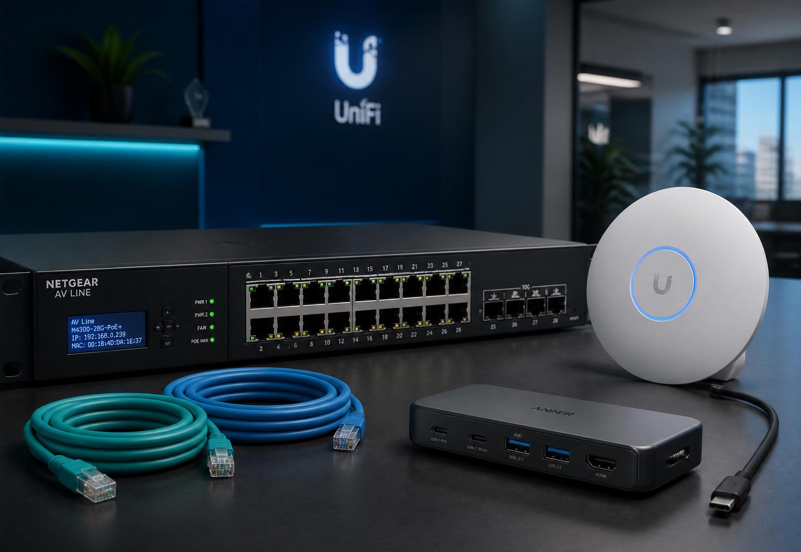 Network switch, wireless access point, USB-C dock and ethernet cables on an office desk